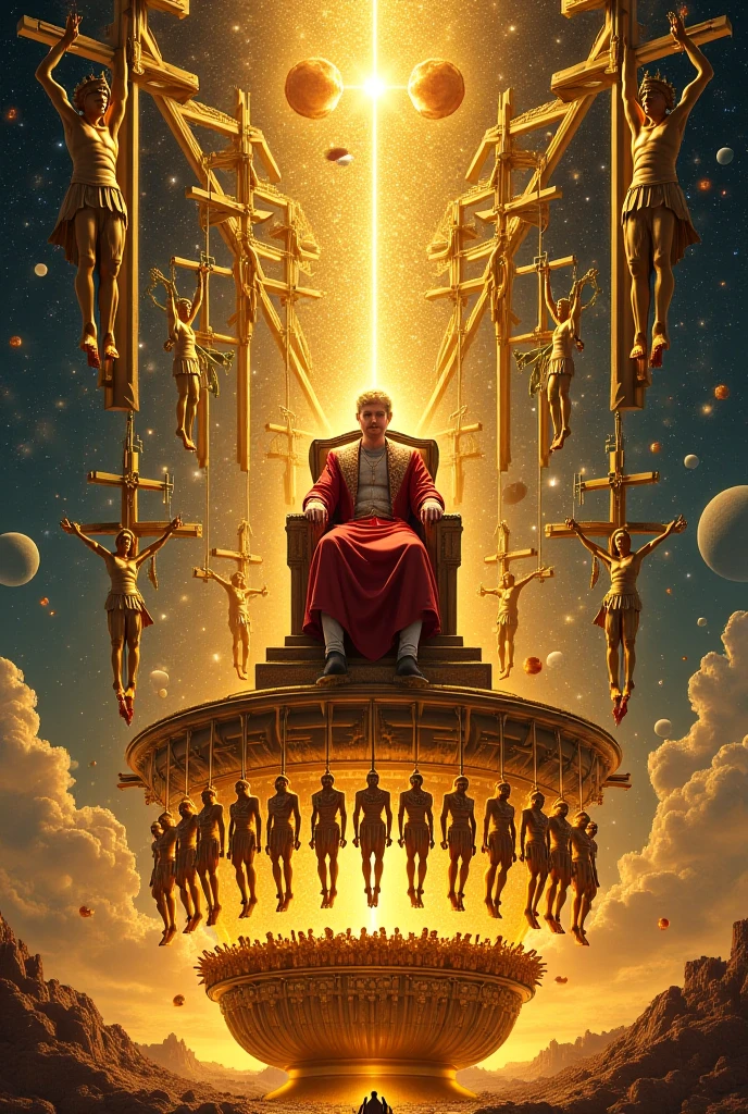 Royal king with blonde hair on a throne floating within a golden and a complex jewelled Escher geometric shapes with kings on crosses surrounding. space with planets and a spaceship battle with lasers happening in the background. Below a row of hanged golden enemies with blood dripping from their feet collected in a giant golden vessel. 