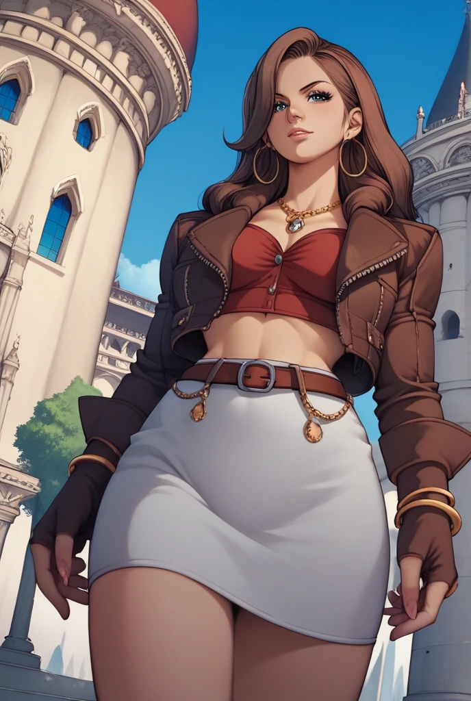 One girl, Ariana Grande, yellow_eyes, long_brown_ponytail, dark_skin, white buttoned shirt, brown leather pants, high boots, leather belt, fantasy world, outside, medieval,