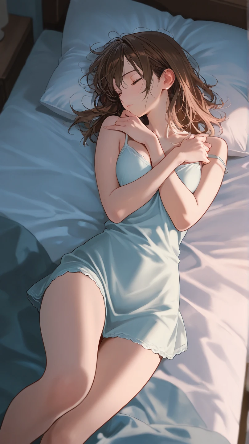 Italian girl, 25 years old, short brown hair tied up, slim, busty, sleeping wearing a nightgown