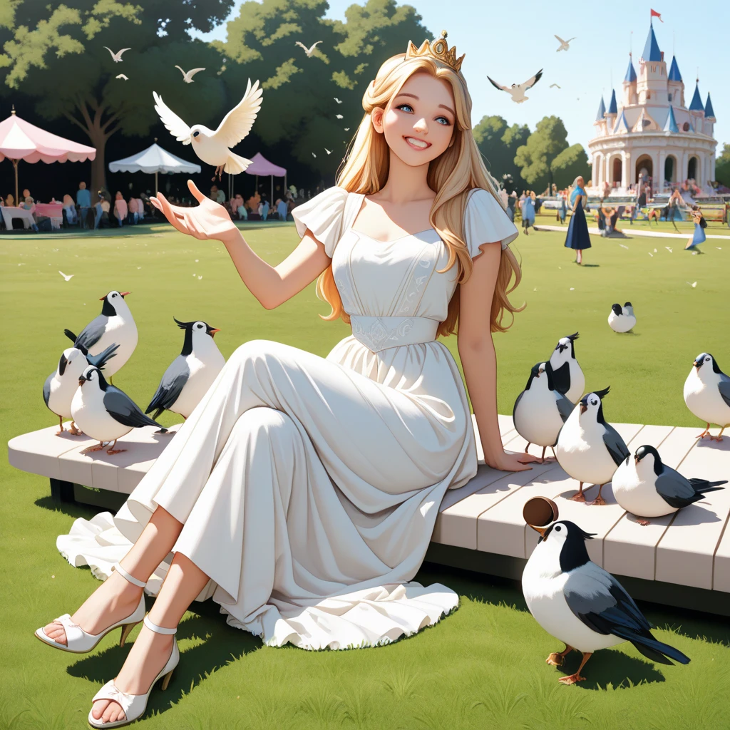 A princess sitting cross-legged on the grass in a theme park, surrounded by birds and small animals, extending one hand toward the flying birds with a joyful smile, wearing a classic Disney-style princess gown with a long skirt that covers her feet, full-body view, glowing smile, relaxed and cheerful expression, realistic style with a light anime influence, clear bright background with greenery, no detailed decorations, soft and youthful appearance, not ish, the overall mood should feel like an adult performing as a princess at a theme park, seated on the grass, legs crossed or in a casual sitting position, elegant and royal, gaze directed toward the birds she is reaching for, not looking at the camera