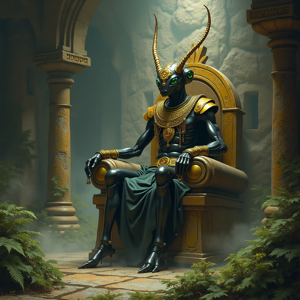 Epic and dark fantasy digital art — In the center of a monumental throne room carved into the bowels of a mountain of rough stone, reign in absolute silence Humanoid Ant Queen, a legendary and inhuman figure, whose presence dominates the environment with an aura of ancient authority.

With a humanoid ant structure, it has six long limbs and articulated, a black carapace with greenish and golden reflections, and an erect and solemn posture. his face is elongated, alien and enigmatic, with eyes composed of intense amber, and long golden antennas arching like crowns over her living head.

The Queen wears rough gold and ancient metal jewels, carefully shaped to her unique body:
— A necklace of plates and fine gold threads, that wraps around her chitinous neck with brutal elegance.
— Bracelets and golden rings on her four upper arms, many with mysterious inscriptions in an extinct language.
— Twists and head ornaments, including a gold crown carved with green and amber stones, molded directly onto her imposing skull, between the bases of the antennas.
} — Small chains of gold link their jaws lower than the shoulders, as a ritualistic symbol of her lineage.

She rests on a throne carved directly from the rock, surrounded by living vegetation — ferns, lichens , creeping and pale flowers that glow softly, emerging from the crevices as natural offerings. The rough stone and organic green contrast with the shimmering metals of its regalia.

The atmosphere of the chamber is thick, moist and reverent. A creeping mist covers the ground, while colossal ant guards guard the living columns of the room. Ao fundo, ancient runes shine on the walls, pulsating in tune with her slow breathing.

The entire scene conveys the feeling of an ancient and powerful empire, where time follows its own rhythm, And where this queen, with her sacred adornments, is both a monarch and a living relic of a forgotten civilization.