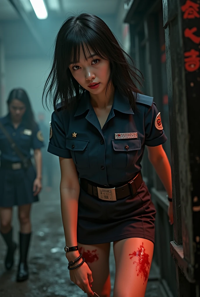 A beautiful Asian woman is being stabbed in her thigh with a cutter in hand of a man, view of a cutter blade lodged into her bleeding thigh, he is repeatedly cutting her bleeding thigh with a cutter, nsfw, she has long legs, police uniform with tie, micro miniskirt, boots, suffering expression, shouting, (best quality,4k,8k,highres,masterpiece:1.2),ultra-detailed,(realistic,photorealistic,photo-realistic:1.37),highly detailed face, detailed eyes and lips, extreme detailed skin, dramatic lighting, dark and gritty, horror, cinematic, intense colors, moody atmosphere