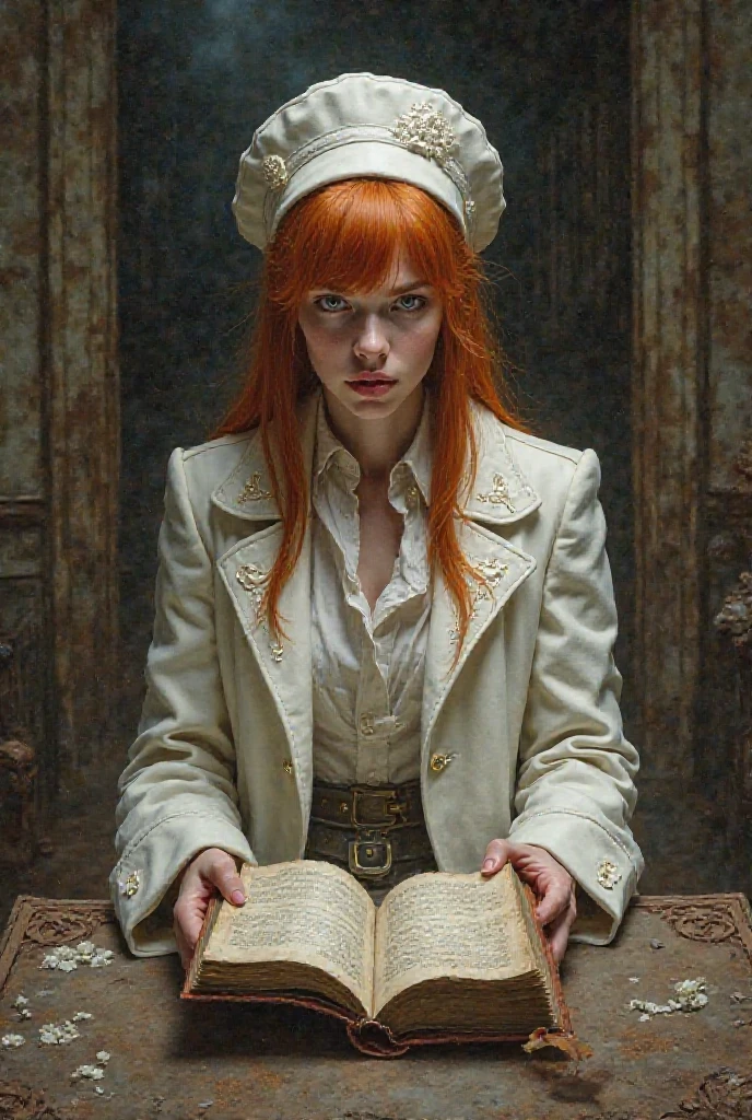 Brutal ginger girl with a white coat and a white hat seating in the middle age house. Drawing in the diary