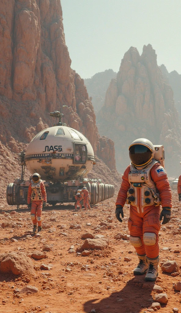 On Mars,Martian sky,SpaceX astronauts run towards the starship,(8K, best quality, masterpiece:1.2), (Practical, Reality:1.37), Extremely detailed,Wide-angle lens