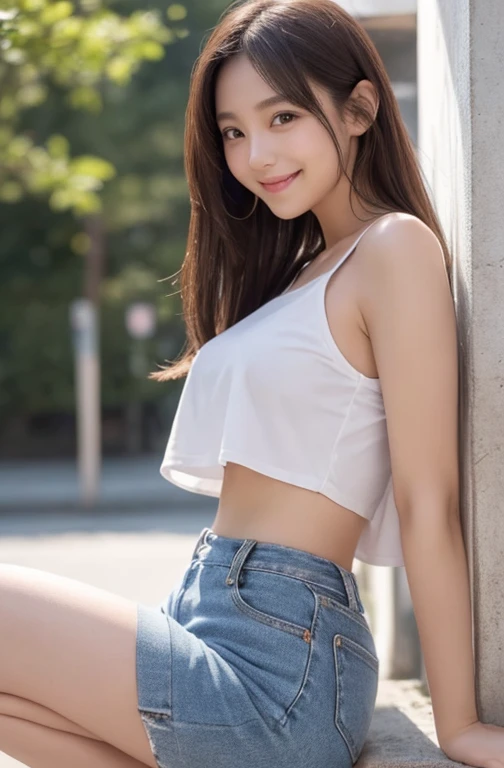 highest quality, masterpiece, High definition, 16K quality, beautiful , Black long hair, beautiful目, A very cute Japanese high school girl who looks like an idol, White panties showing through , camisole, Too short denim mini skirt, Plump and large breasts, camisoleがはち切れそうなパンパンの胸, Thin legs, Slim body, Sitting on the beach with her legs open, Blushing, She is looking at the camera, A slightly smiling, dreamy expression, beautiful clouds in madder color,