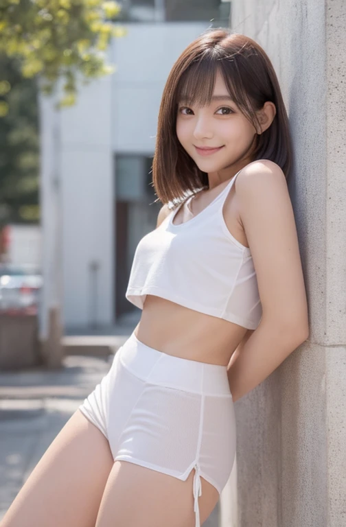 1girl in, (Well-formed face), (Ideal ratio body proportions), Modern old cityscape, Sunnyday, ((Open leg jump)), (((sports wear))), ((Jersey on upper body)), (((Sporty)), wet, Torn clothing, Smiling smile, white-skinned, A slender, Dark hair, short-hair, beauty legs, Small buttocks, Surrealism, Cinematic lighting, depth of fields, One-person viewpoint, F/1.8, 135 mm, canon, nffsw, masutepiece, ccurate, Anatomically correct, Textured skin, Super Detail, high details, High quality, awardwinning, Best Quality, hight resolution, 1080P, 4K, 8k、In underwear