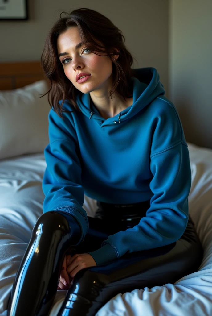 photo of (StefaniaS_V2:0.99), a woman as a sexy TikTok influencer, (sitting on a bed), pantyhose, no shoes, modelshoot style, (extremely detailed CG unity 8k wallpaper), photo of the most beautiful artwork in the world, professional majestic (photography by Steve McCurry), 8k uhd, dslr, soft lighting, high quality, film grain, Fujifilm XT3 sharp focus, f 5.6, High Detail, Sharp focus, dramatic, (wearing a oversized_sweater:1.3), colorful oversized_sweater, good hand, (looking at viewer:1.2), (detailed pupils:1.3), (natural light), (closeup:1.2), (seductive),