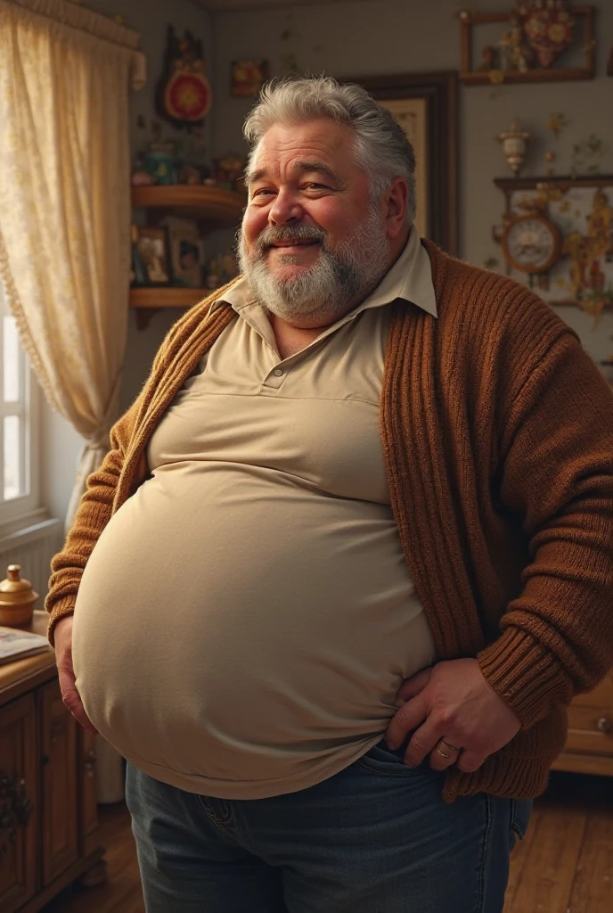 Hairy older male, stocky, round beer gut, massive belly, round gut, hairy belly,