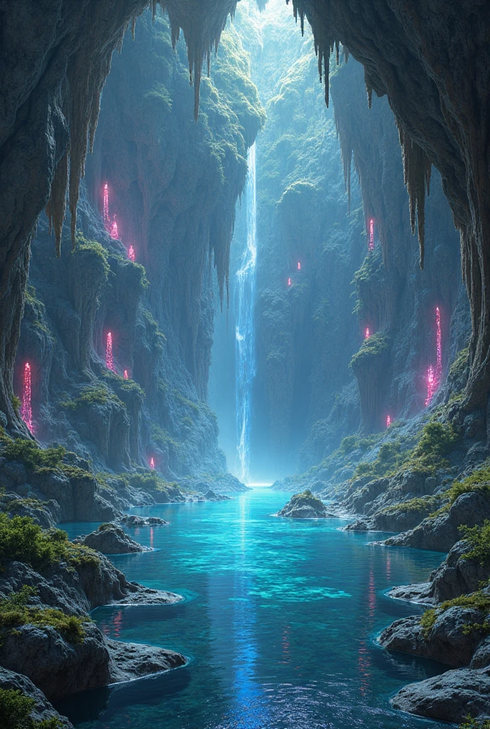 a cave with glowing crystals and a sparkling lake in the middle