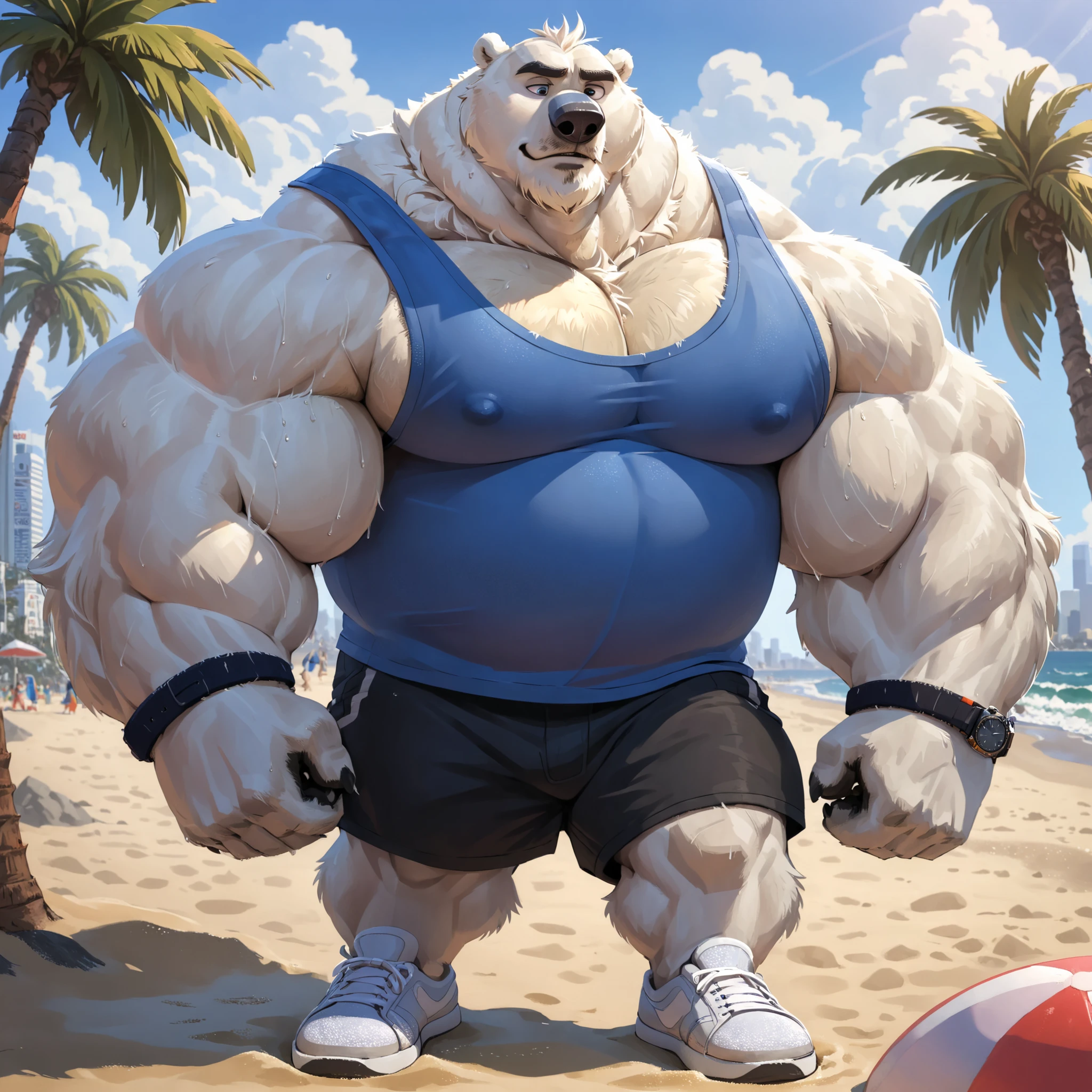 polar bear, old man, male, solo, huge muscular polar bear in L.A. beach, big feats flex, big grunting, polar bear, huge white fur, thick arm, huge arm, thick neck, detailed thick moustache and beard, Short white hair, (muscular, pectoral, wide pectoral, thick arms), height: 220cm (7’8), weight: 254kg (424lbs), beach, palm, Zootopia, masterpiece, eyebrows added, detailed eyes with pupils, (wearing black shorts, wristband, watch, blue tank top and white shoes), poses his body muscles