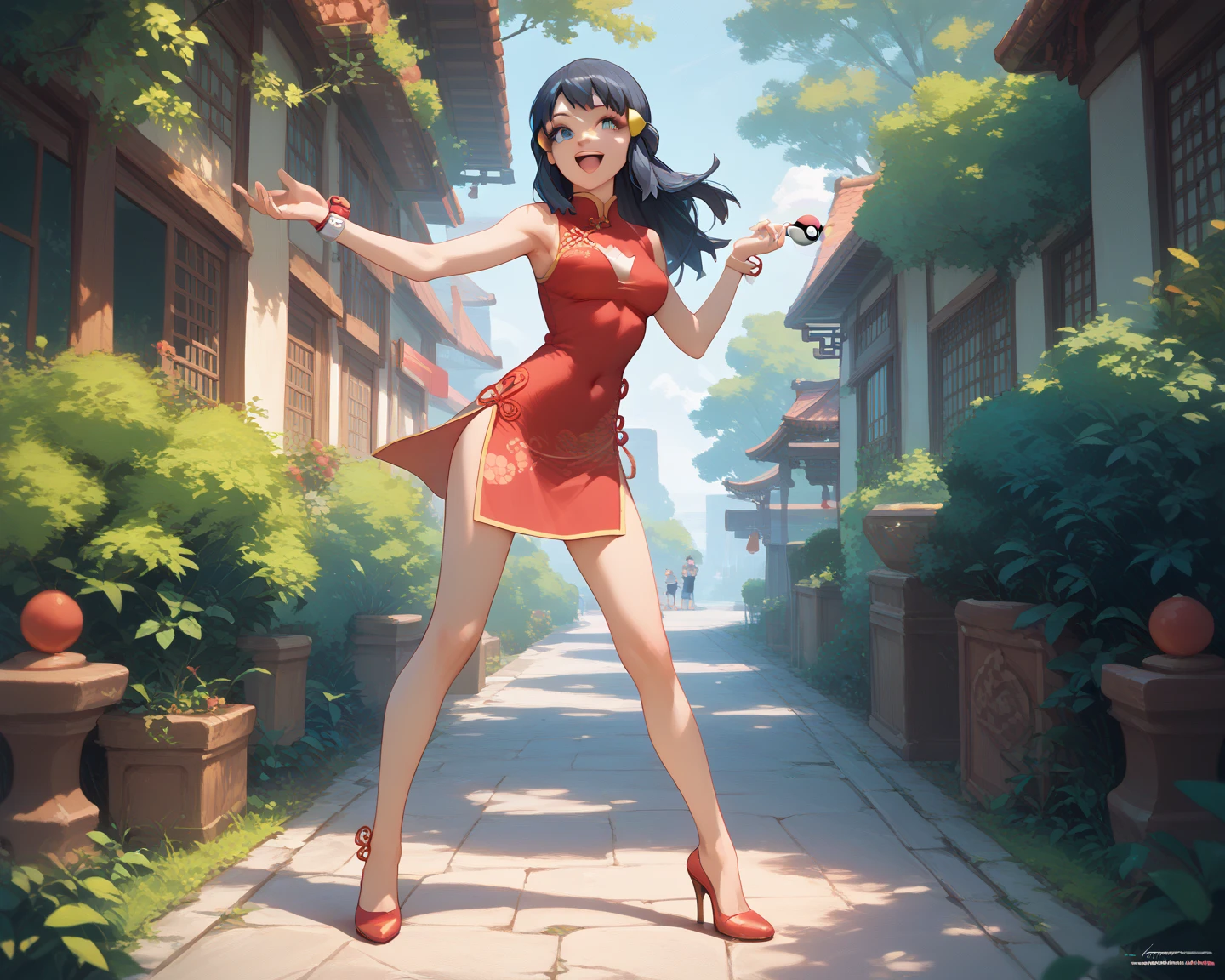score_9, score_8_up, score_7_up, score_6_up, source_anime, anime, masterpiece, best quality, nsfw, solo, BREAK 1girl, pokemondawn, pokemon dawn, black hair, blue eyes, sidelocks, long hair, chinese dress, medium breasts, high heels, happy, uncensored, standing BREAK 