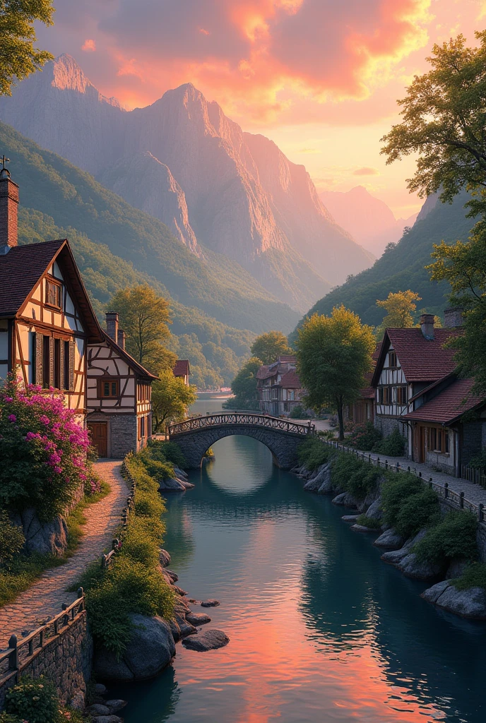 a small village by the river, mountains in the background, floral flowers colorful, detailed landscape, Beautiful natural landscapes, atmospheric lighting, scorching sunset, warm colours, practical, photopractical, Detailed Foliage, complex buildings, cobblestone street, Charming country house, swirly vibrant colors, lush vegetation, Still water reflections, Picturesque, idyllic, work of art, best qualityer, 8k, extremely detaild,anime styling