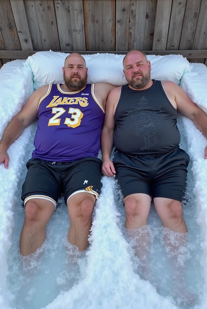 Two drunk muscular men drinking beer wearing only underwear inside a bathtub filled to the max with purple goo