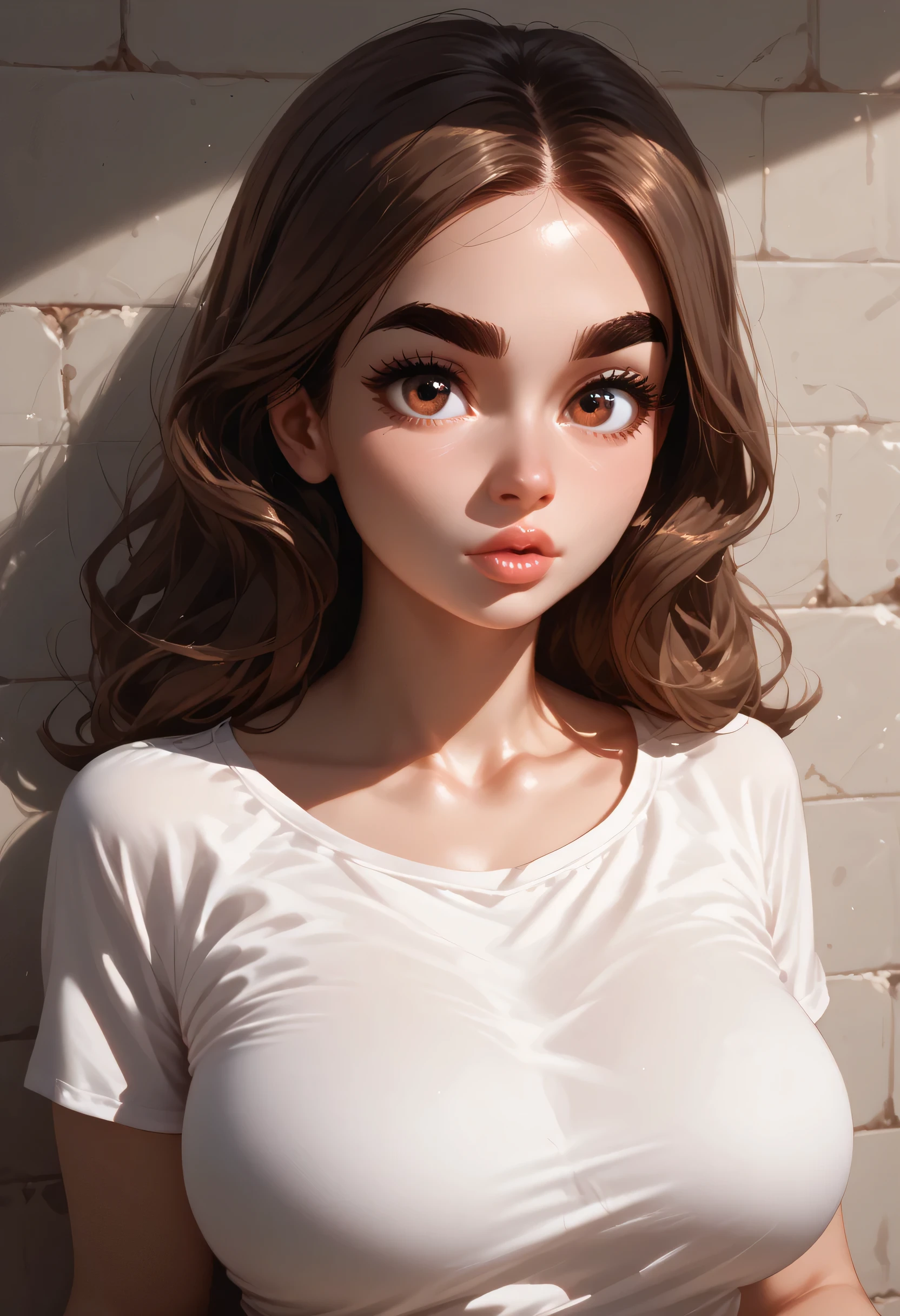 perfect face, top kont hair, brown hair, black eyebrows, thick eyebrows, big eyes, brown eyes, heavy lower lips, beautiful girl, v-neck shirt, white shirt, white old wall