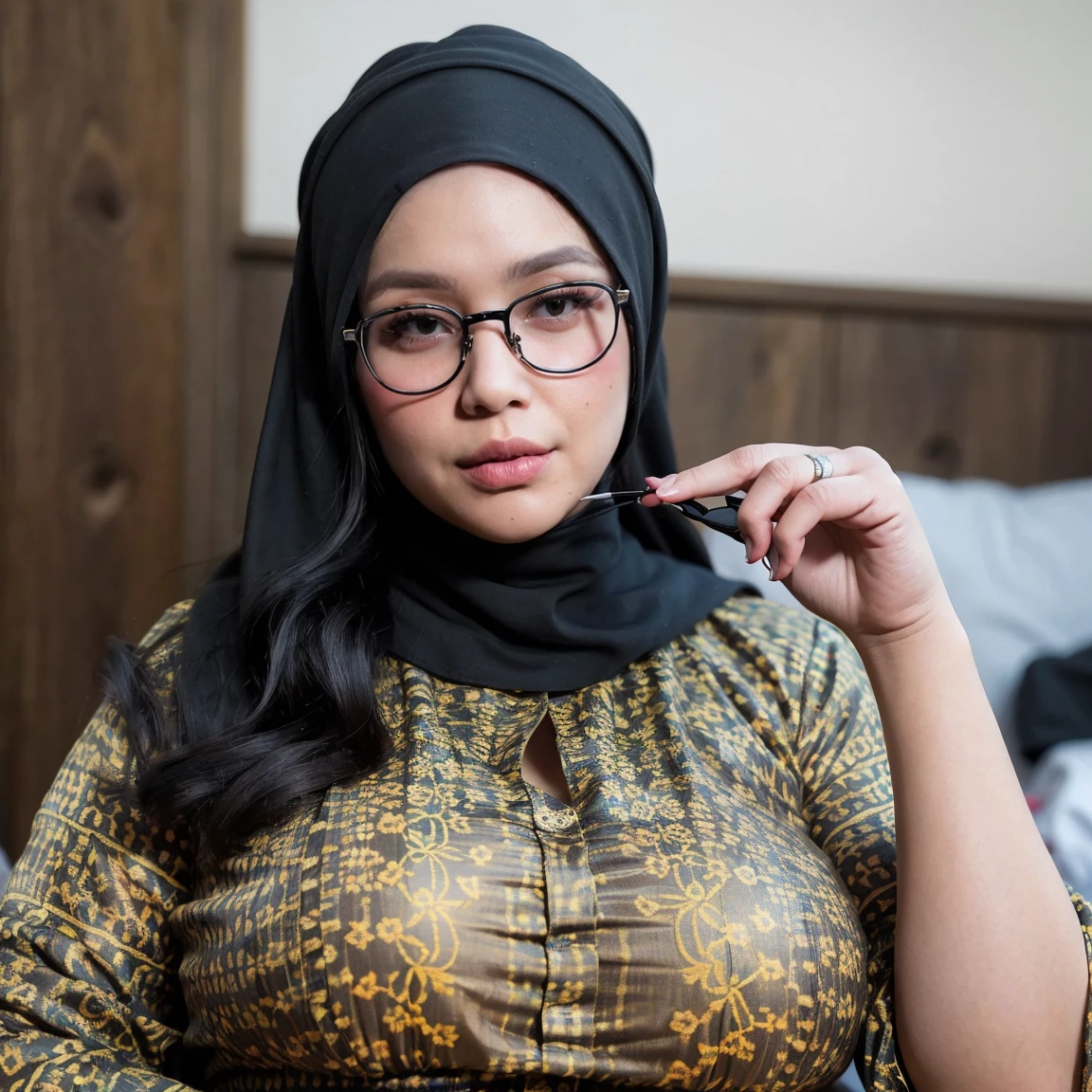 A beautiful woman laying on a bed with a black head scarf, on my bed, while posing in the same bed, laying on a bed, posing in a bedroom, malaysian, with glasses, laying on her back on a bed, laying back on the bed, posing in bed, 18 years old, thick glasses, she is laying on her back