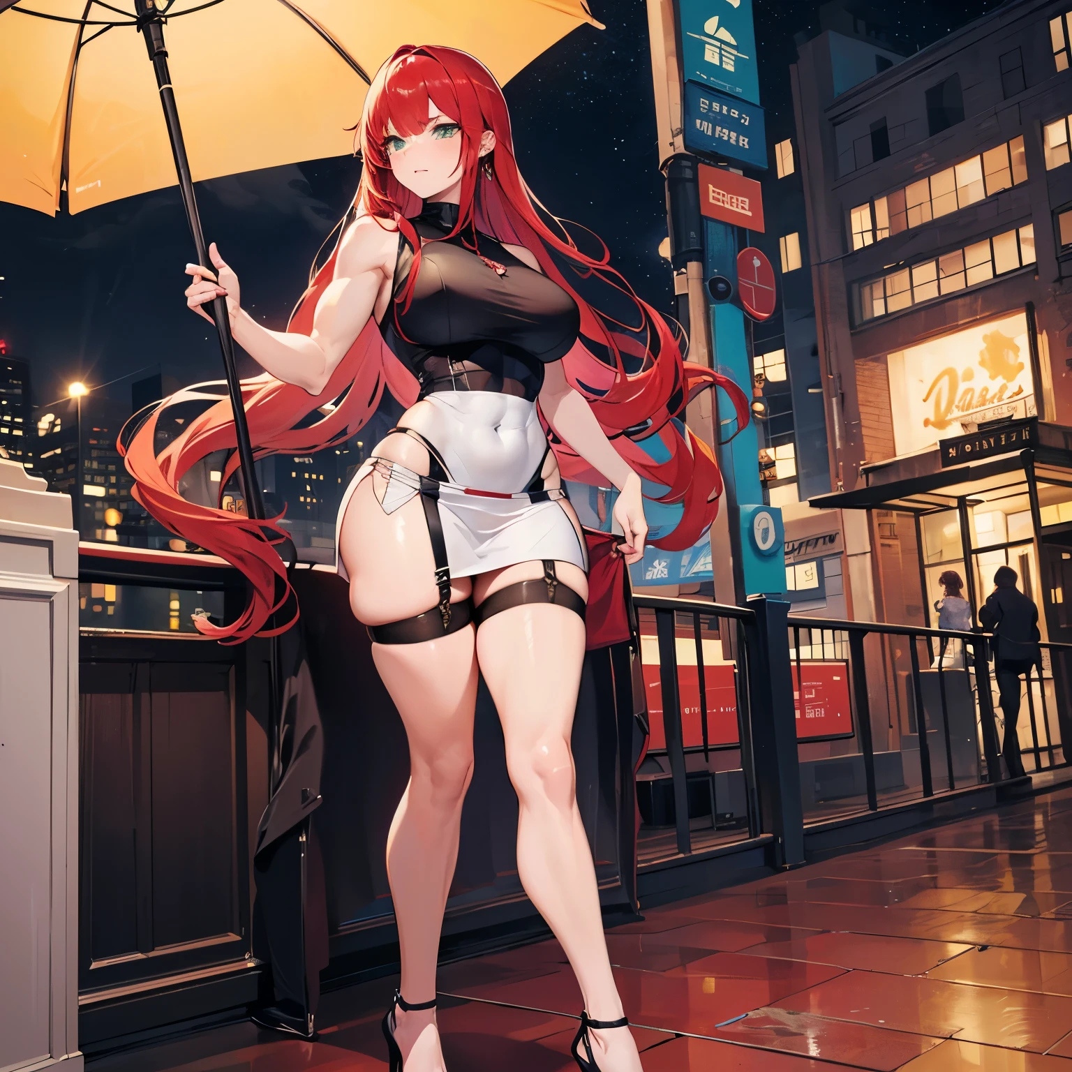 Masterpiece, top quality, best quality, official art, beautiful and aesthetic, anime, 1girl,extremely detailed, colorful, more detailed ((ultra-detailed)), (highly detailed CG illustration),Best Quality, High resolution, Unity 8k Wallpaper, (Illustration:0.8), (Beautiful detailed eyes:1.6), extra detailed face, Perfect Lighting, extremely details CG, (Perfect hands, Perfect Anatomy),city,street,night,wet road,reflections,lights,red long hair, cat ears,ponytail,blue eyes, barrette,black choker,earrings,skinny fit,medium breast,police, police uniform, fishnet stockings, full body shot, in middle of street.