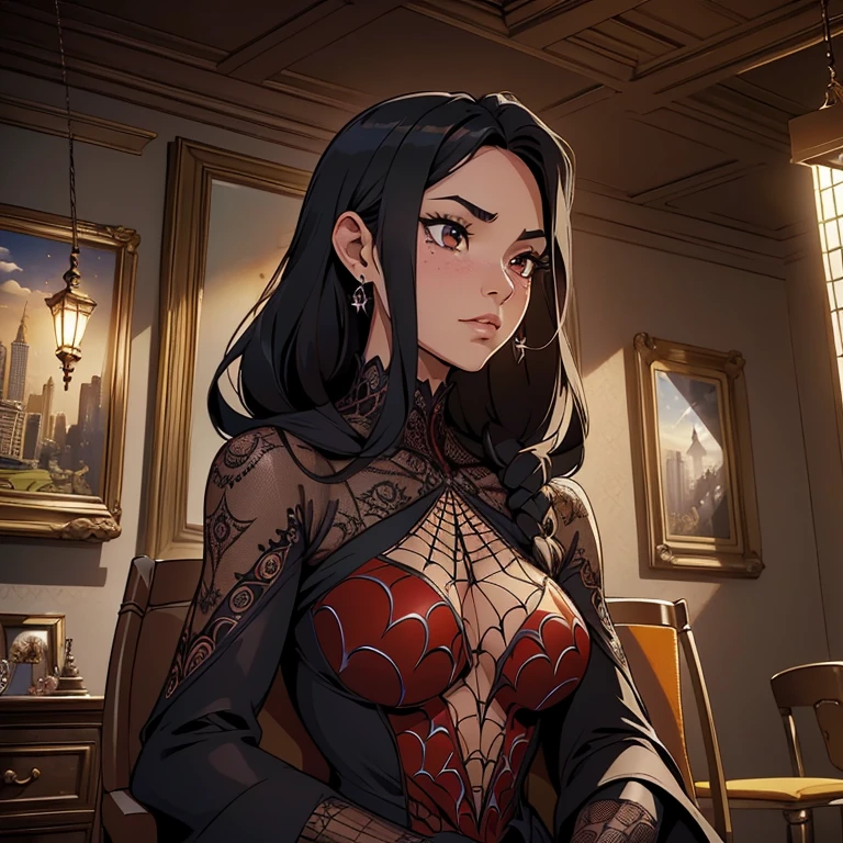 (obra-prima, Best Quality), intricate details, 8K,  Art Station , Wallpaper,  official art , art speckled, sharp focus,
1 chica, pelo largo, black hair, brown eyes, dark hair jewelry, 
 spider costume, spider web chair printing, spider web chair,  
skyscrapers, cidade, , carros, rua,