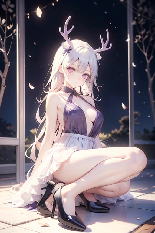 Alice (in wonderland), pretty girl (feminine), adolescent, funny body, Scrawny, breastsout, soft and charming look, roupas feminines (long white and flowery dress, white tights, bunny ears, high-heels, in the forest at night, full moon visible in the background, 8K, best qualityer, realistic anime style, RPG