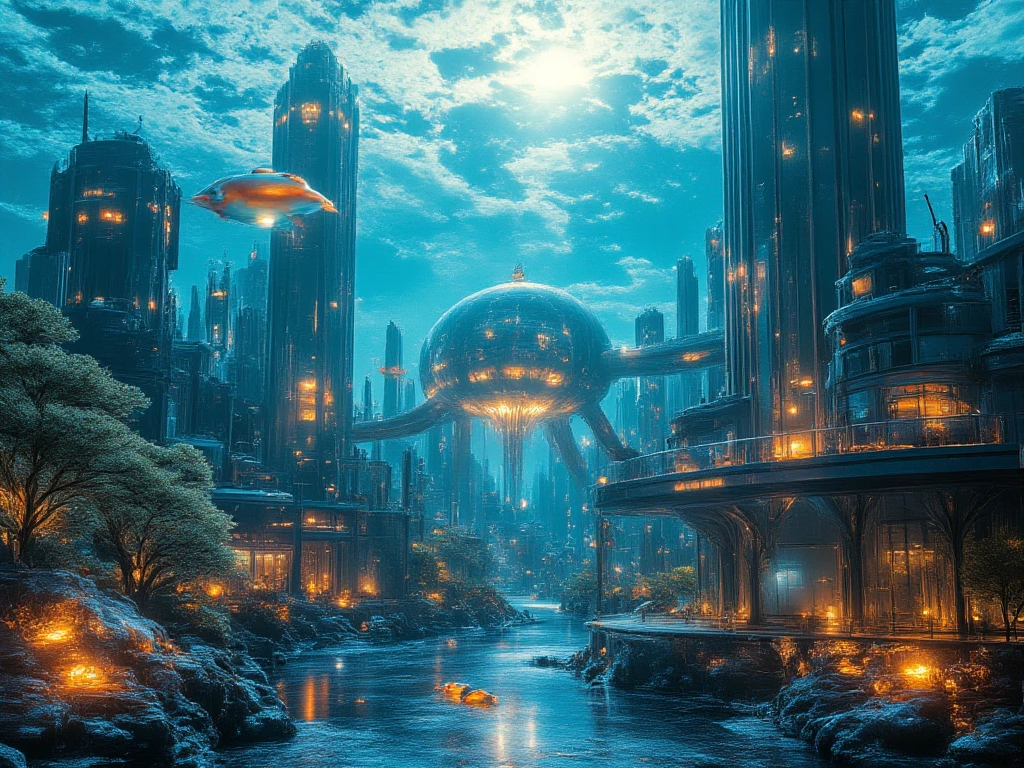  in the seaの世界、Retro、 in the sea、Underwater City、 in the seaに街、building、 in the seaにある森、another world、 colorful fish making their way through the water、twinkling sunshine、fantastic scenery、HD、4K