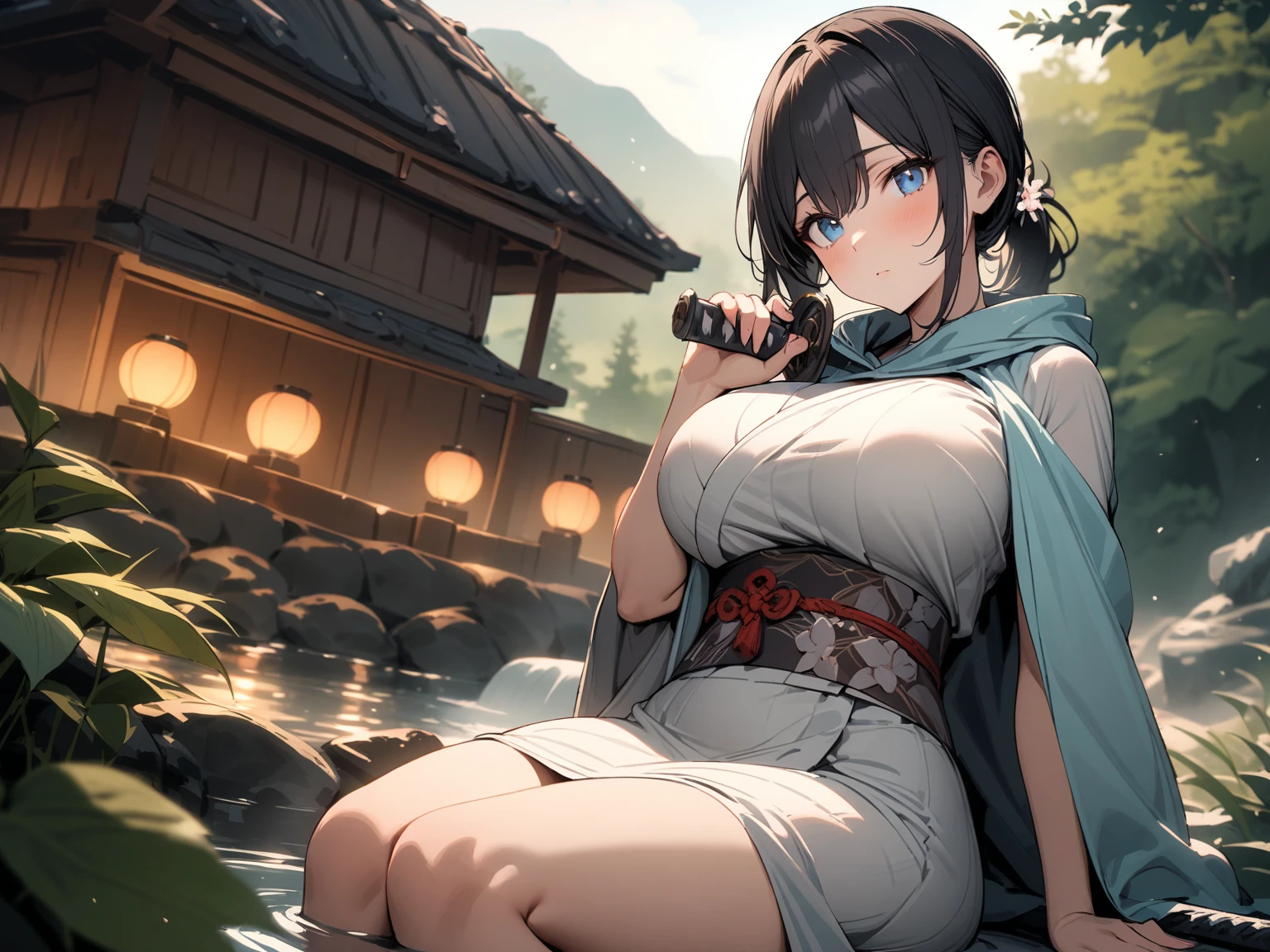 Masterpiece,best quality,highly detailed,Amazing,fine detail,extremely detailed CG unit 8k wallpaper,score:>=60,a girl with long black hair,an imperial sister,devilish figure,slender,adult,swordsman,knight,Chinese long shirt,shut up,sit cross legged,looking at viewer,long eyelashes,single ponytail,bracelet,boots,scabbard,Chinese sword,weapon,hand on the side of the body,sitting by the small river,small river,campfire,firelight,Forest,, masterpiece,best quality,highly detailed,Amazing,finely detail,extremely detailed CG unity 8k wallpaper,score:>=60,, beautiful detailed eyes,Fine hair texture,, Cinematic Lighting,rim light,available light,light leaks,depth_of_field,blurry,, 1girl,solo,mature_female,adult,fair_skin,slender,glamor,curvy,oval face,black hair,long hair,makeup,brown eyes,slender_waist,