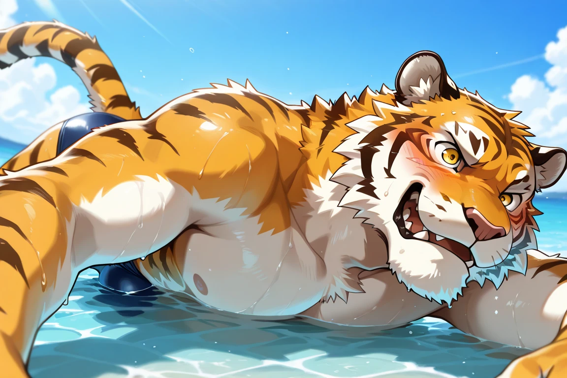 male, Furry tiger, charming, rich, Head only, rich, solitary,White fur,,front Photo,Casual wear,Smile,Zoom in on facial details,Strong body,Avatar size,beach,一人站在Waves中,Waves,Water Splash,shell,Swim rings around your waist