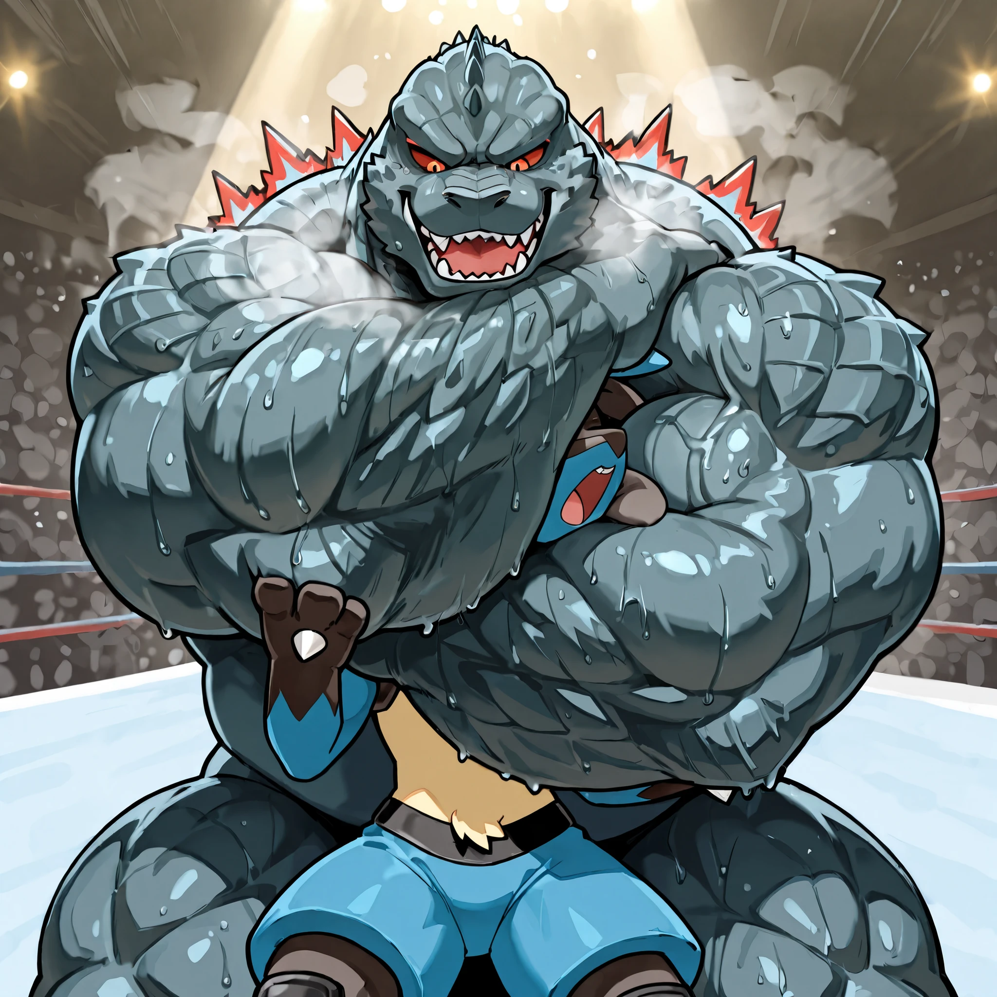 large godzilla wrestler, small lucario, choke hold \(rnc\), wrestling, [godzilla wrestler:heavy weight bulky fat plump, muscular strong giant body, big pectoral muscles, thick arms, thick thighs, wearing black glossy wrestling spandex, looking down, sweaty, smelly steam breath], [lucario:pain, close eyes, open mouth, thin body, small build], size difference, motion line, motion blur, wrestling background