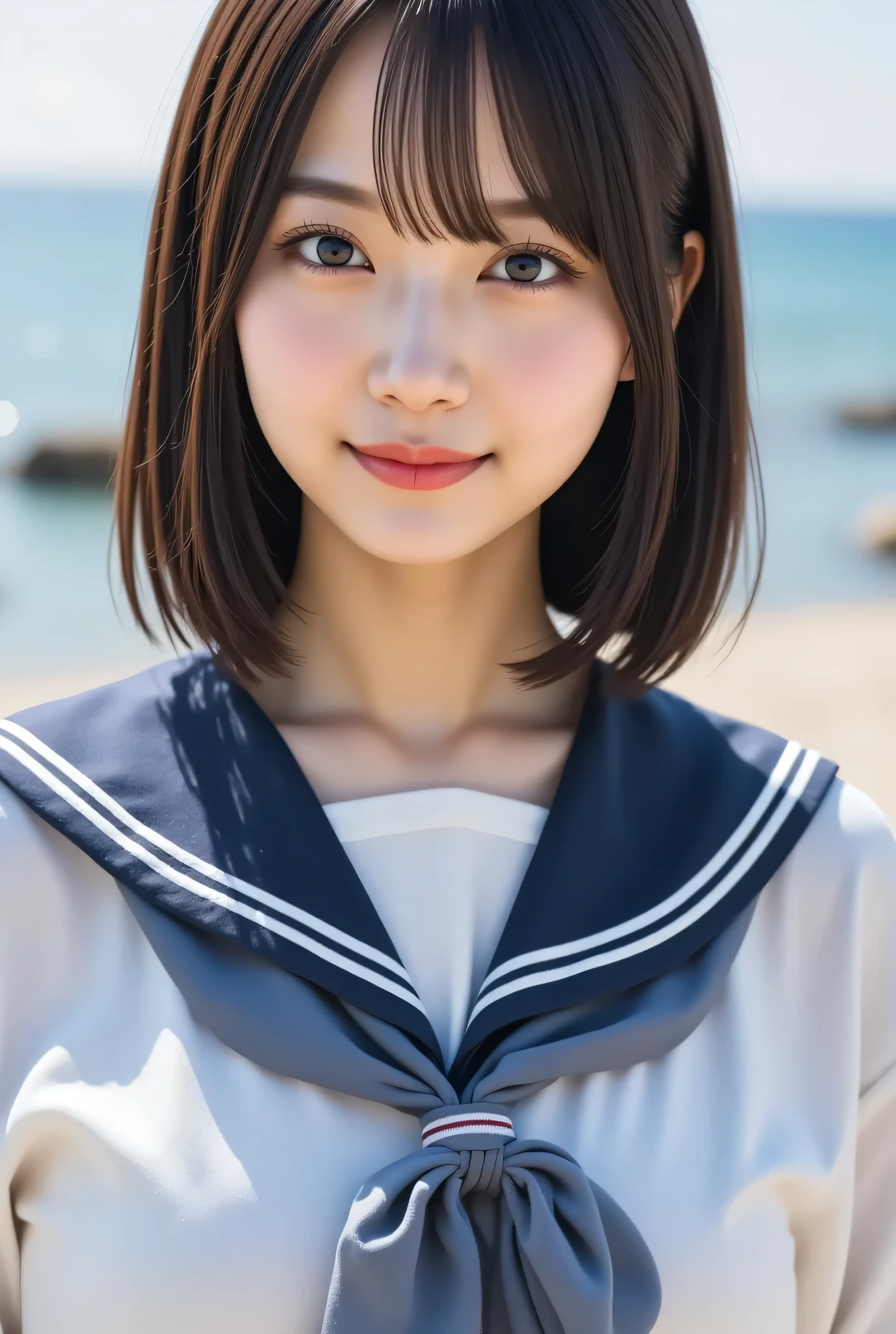 very detailed, 美しいlikeいアジア人女性の超写実的なデジタルイラスト, with her body visvery detailed, 美しいlikeいアジア人女性の超写実的なデジタルイラスト, with her body visvisible from above the knee、soft bangs in the center of the frame. she's been a long time, smooth dark hair and soft bangs, and彼女の明確な, radiant skin enhances warmth, pleasant smile . Her big, expressive eyes that naturally stand out, elegant makeup. She wears a traditional Japanese high school girl uniform, wearing a white sailor-colored blouse with perfect clarity, wearing a navy blue pleated miniskirt that's above the knee, and、appropriate ribbon tie, like々exudes vibrancy and charm. background is a minimalist, The calm color creates a subtle contrast with the apparel, Ensure she remains the focus. The image is 8K Rendered in resolution , captures every detail in perfect clarity.visible from above the knee、soft bangs in the center of the frame. she's been a long time, smooth dark hair and soft bangs, and彼女の明確な, radiant skin enhances warmth, pleasant smile . Her big, expressive eyes that naturally stand out, elegant makeup. She wears a traditional Japanese high school girl uniform, wearing a white sailor-colored blouse with perfect clarity, wearing a navy blue pleated miniskirt that's above the knee, and、appropriate ribbon tie, like々exudes vibrancy and charm. background is a minimalist, The calm color creates a subtle contrast with the apparel, Ensure she remains the focus. The image is 8K Rendered in resolution , captures every detail in perfect clarity.、clear、very beautiful woman、Oshitoyaka,Yamato Nadeshiko、Angel's smile、refreshing weather、Beautiful coast