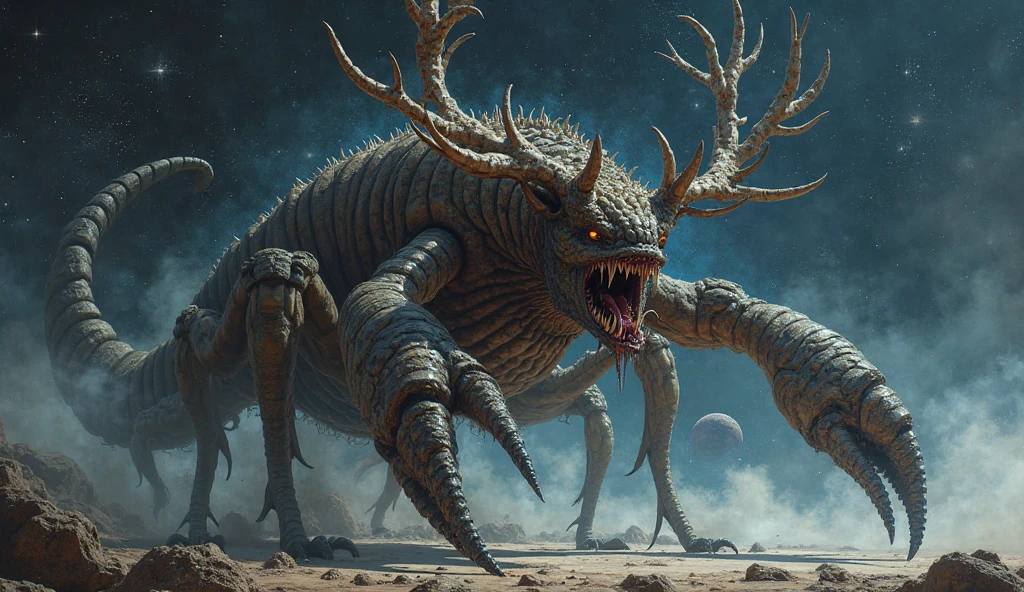 Hollywood level realistic special effects, four handed king, model, six legged, {gluttony}, Xing Tian, with a face on the chest, chaotic, long neck, wrist armor, crawling, spear leather, shining antelope horn, protruding spine, high shoulder, long bone spurs on the forearm, divine beast, Chinese mythology, domineering, hell, bone spurs, huge, well lit, hard focused, high-quality, artistic, detail, realism, realism, surrealism, expired movie appearance, posture, natural light, professional, clear structure, 3D rendering, realistic style, -- niji 6-- ar 2:1-