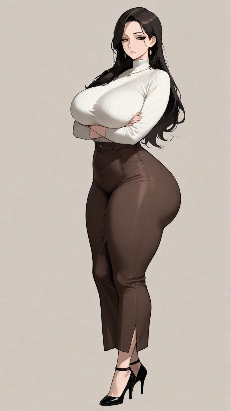 a tall beautiful girl with big breasts, cute and sexy, wavy black hair, disheveled, her brown eyes and black lips are dressed in a black button-down shirt and tight white pants, big thighs, sensual, black heels, hand, compass, tweezers 