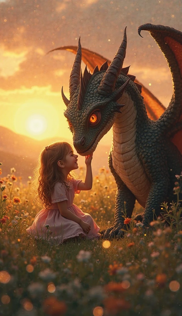 A huge dragon, winged by a little girl The dragon is black, has black angel wings, On his head he has a lot of lion fur and red eyes., He has big whiskers like a cat. 
They are in a beautiful landscape full of flowers and the  is reading a book while the dragon takes care of her..
The girl is wearing a pink dress and her long hair is loose., He has light brown hair
