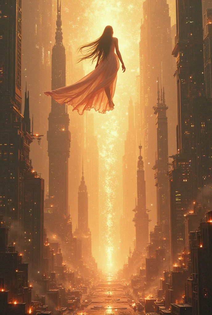  Fernanda floating in the luminous city, leaving the core on an altar.
