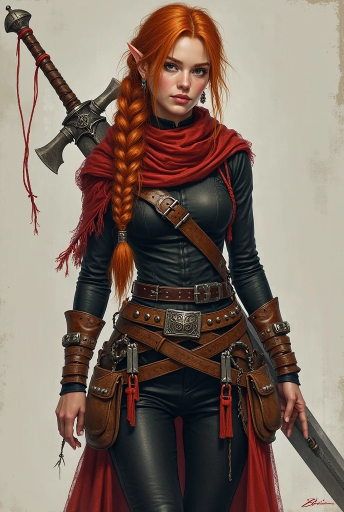 a head-to-toe picture of an elegant half-elf with a worn red scarf around her wrist, a weasel on her left shoulder, a broadsword on her back, her unruly auburn hair in a braid intertwined with a red string over her right shoulder, black tight fitting full-body covering clothes and lots of belts and buckles holding a dagger, a handaxe and some pouches.