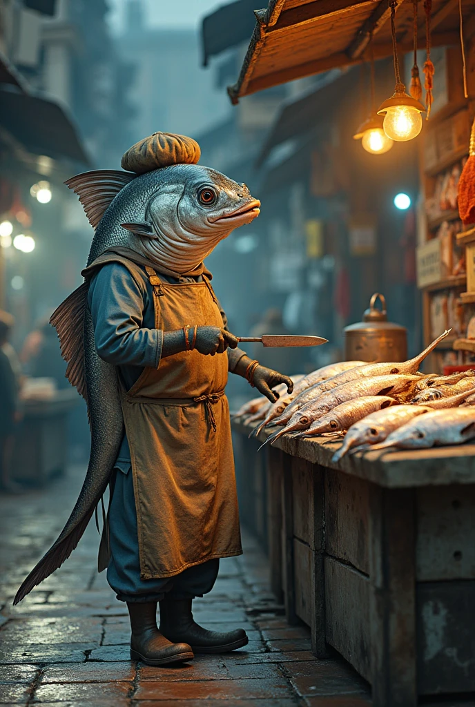 A digital artwork blending photorealism and surrealism: an anthropomorphic mullet fish ("bouri") with realistic silver-gray scales, dressed as a traditional Egyptian fish vendor selling fermented fish like fesikh and renga (salted and smoked fish). The fish wears a stained apron, a simple cap, and rubber boots, standing behind a rustic wooden stall filled with rows of wrapped fesikh, renga, and fresh salty fish on ice. Its fins are shaped like hands, holding a knife and cleaning fish. The setting is an open fish market with tiled floors, old metal scales, and handwritten price tags. The mood is authentic and gritty, with a cool blue tone mixed with warm, yellowish highlights from flickering overhead lights. The atmosphere captures the raw charm and energy of a busy Egyptian fish souq.

