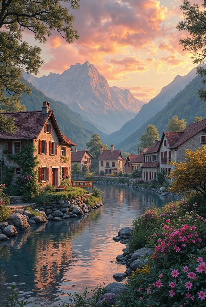a small village by the river, mountains in the background, floral flowers colorful, detailed landscape, Beautiful natural landscapes, atmospheric lighting, scorching sunset, warm colours, practical, photopractical, Detailed Foliage, complex buildings, cobblestone street, Charming country house, swirly vibrant colors, lush vegetation, Still water reflections, Picturesque, idyllic, work of art, best qualityer, 8k, extremely detaild,anime styling