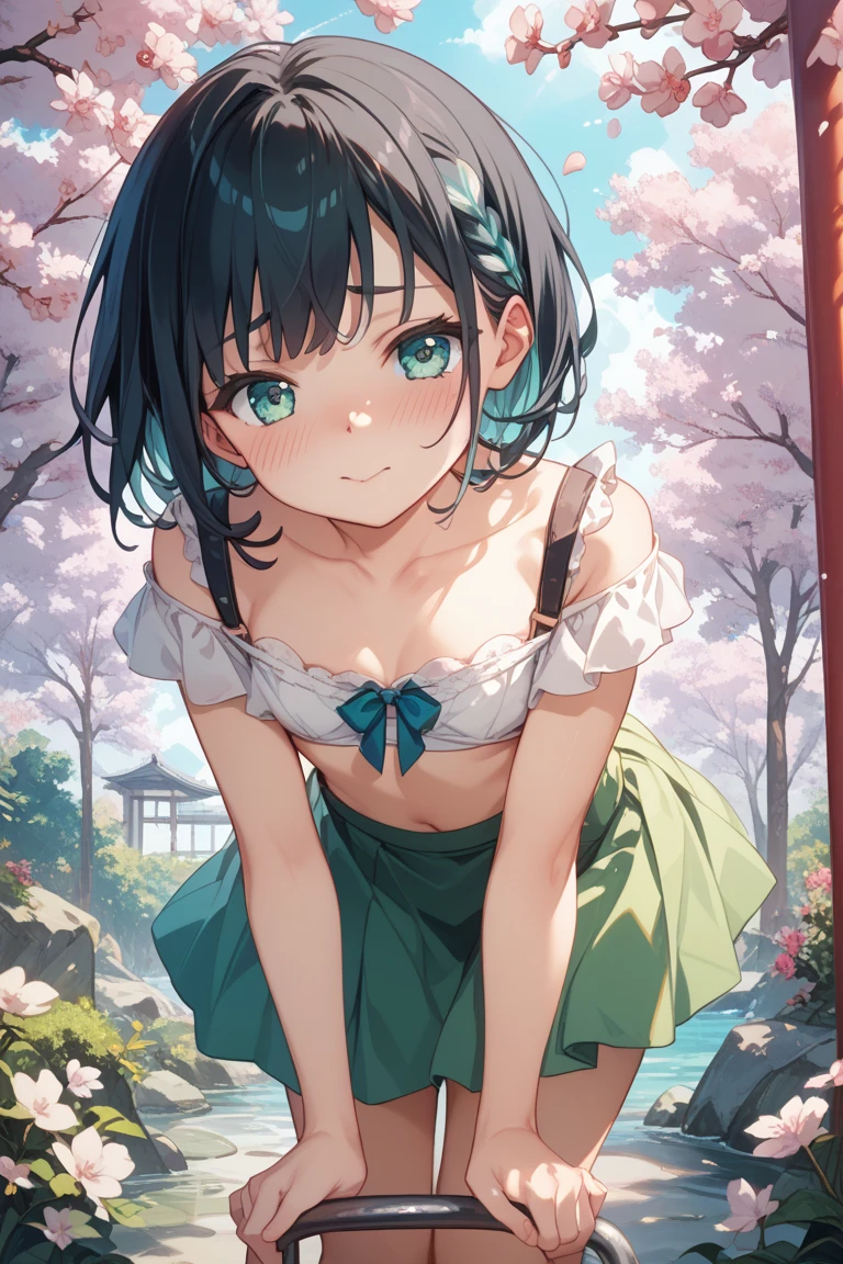 В комнате, на кровати, Bella встала на четвереньки и turns around and bends over slowly, revealing her plump ass covered in a tight skirt that barely covers it.> She purrs as she reaches back and lifts up her skirt just enough to reveal a lacy black thong hugging tightly against her wet pussy lips