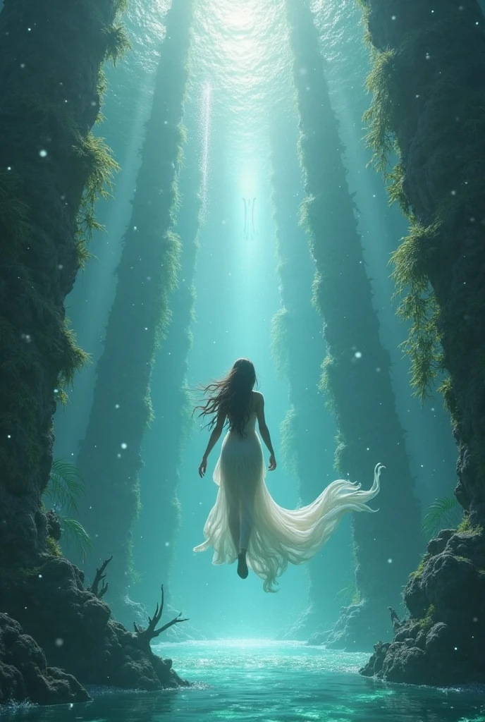  Fernanda floating in the luminous city, leaving the core on an altar.
The city is under water 