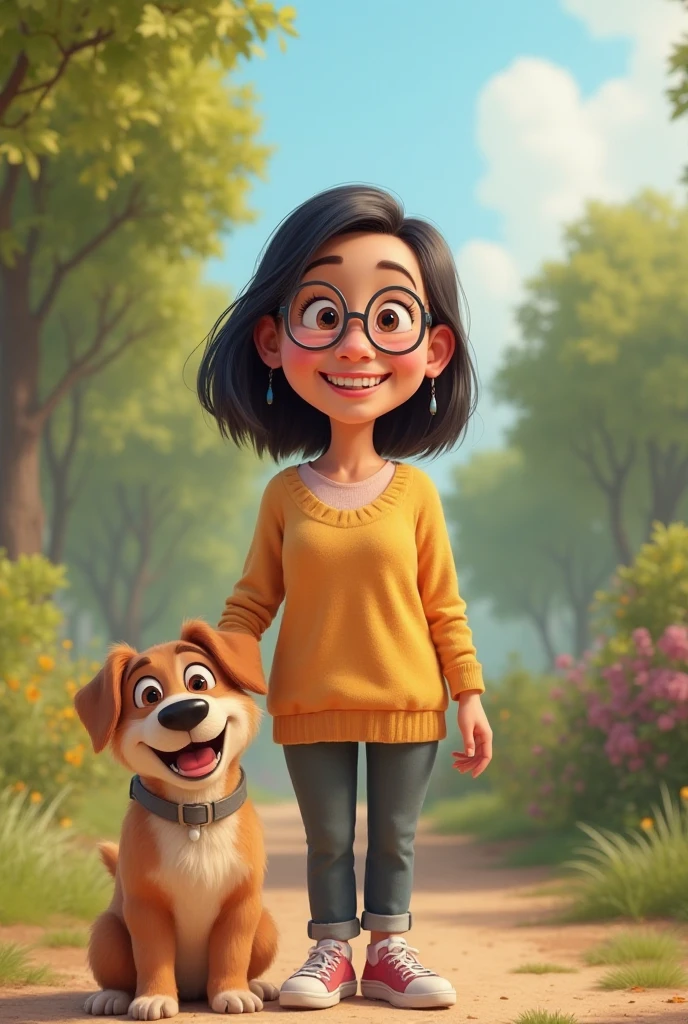 Disney Pixar cartoon of a smiling 60-year-old lady, standing with olive complexion, very straight and black shoulder-length hair, brown eyes, simple gray glasses. You can see the shoes. Ha un cane