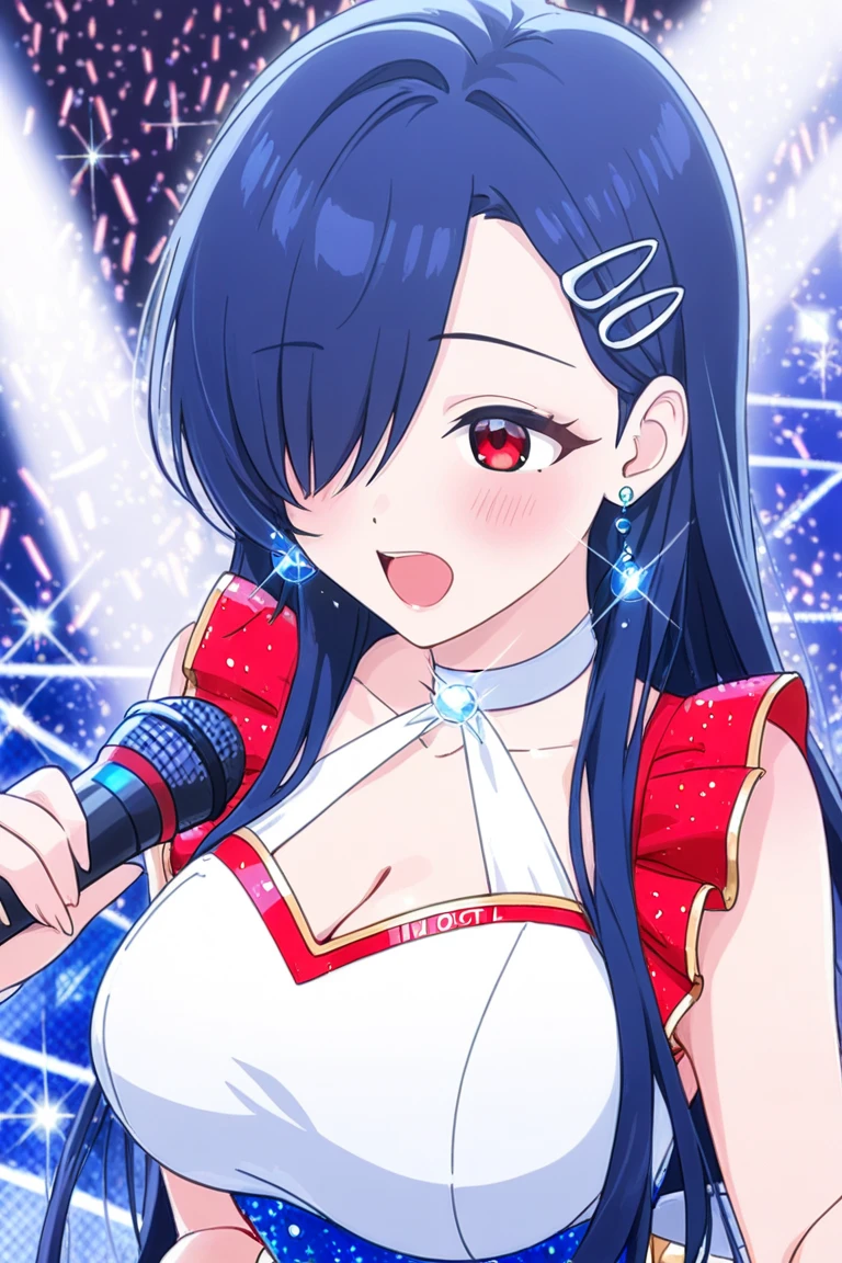 Idol group singing。on stage。A colorful world。Close-up of face。