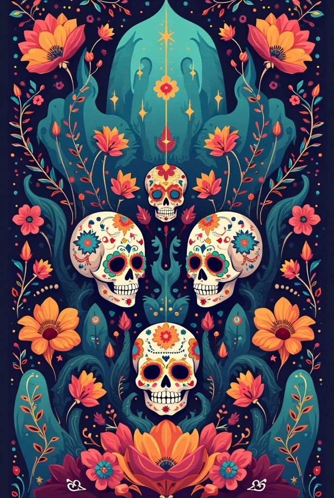 Detailed illustration of a decorated skull, Art inspired by the Day of the Dead, Vibrant colors with gradient effects creating a sense of depth, geometric and floral patterns adorning the skull, mirror images suggesting symmetry, bright elements that suggest a mystical or spiritual aura, rich purples, blues, and greens contributing to a dramatic and captivating visual effect, general feeling of a modernized traditional cultural representation, black backdrop
