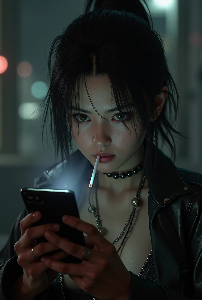 Tekken 8 Reina smoking while looking at phone screen