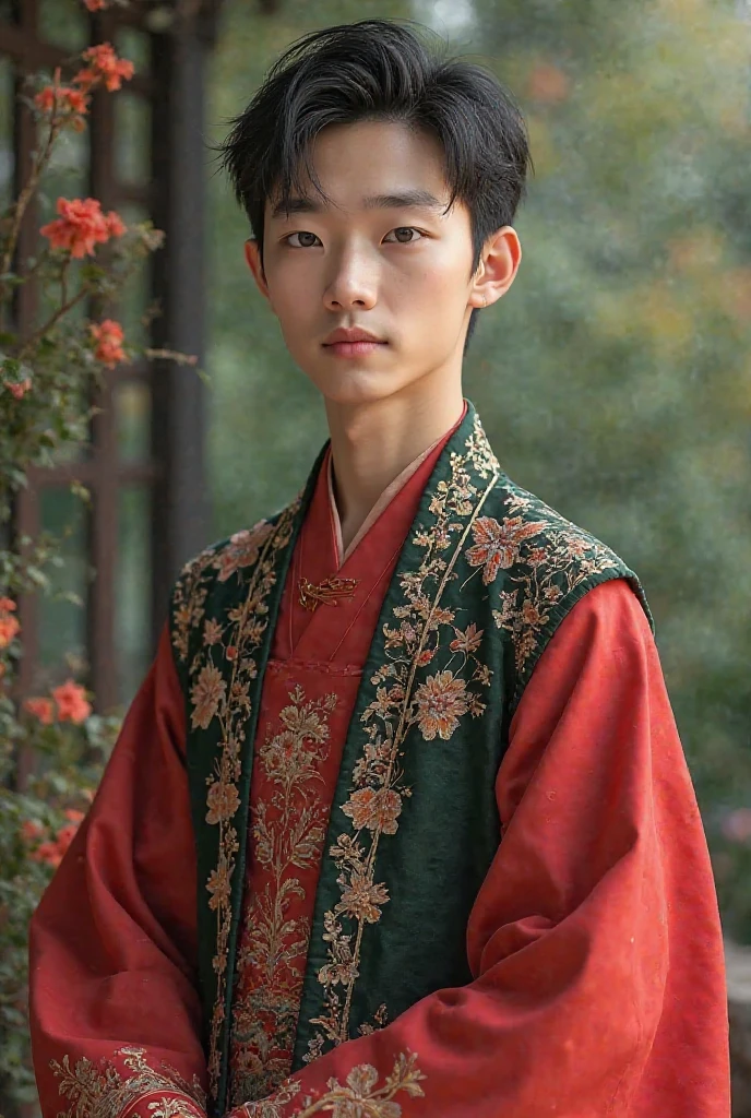 Vietnamese traditional male outfit, young asian male, black hair, red, green black toned dress