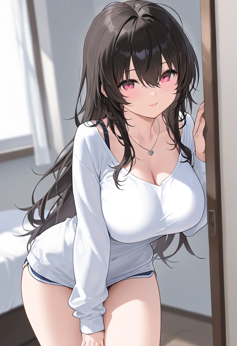 Yor_Forger, 1girl, solo, long hair, looking at viewer, blush, large breasts, black hair, red eyes, navel, jewelry, closed mouth, collarbone, sidelocks,, hairband, earrings, , 1girl, towel over breasts, leaning forward, from behind, towel,, masterpiece, best quality, highly detailed, naughty face, seductive smile, white hairband, happy, extremely detailed hair, shiny hair, disheveled hair,, masterpiece, best quality,, (waifu, anime, exceptional, best aesthetic, new, newest, best quality, masterpiece, extremely detailed:1.2)