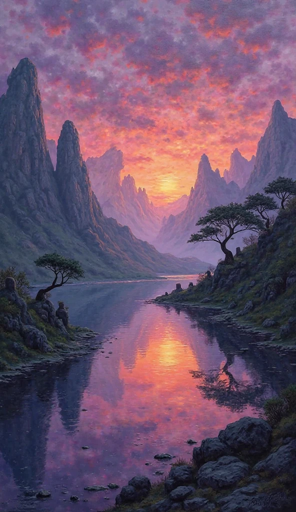 This painting depicts a surreal, enigmatic landscape. Towering mountains, with unusual shapes, stretch across the horizon, beneath a purple and orange twilight sky. A calm lake reflects the colors of the sky, creating a mesmerizing reflection. Trees that look like ancient statues stand on the shore of the lake, adding a mysterious feel to the scene. The colors used—purple, orange, dark blue, and dark green—create a serene yet dramatic atmosphere. The whole work is a harmonious blend of fantastical natural forms and a rich color palette, resulting in a work of art that is captivating and full of imagination.