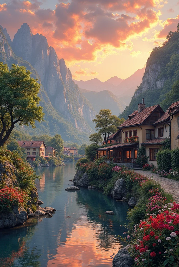a small village by the river, mountains in the background, floral flowers colorful, detailed landscape, Beautiful natural landscapes, atmospheric lighting, scorching sunset, warm colours, practical, photopractical, Detailed Foliage, complex buildings, cobblestone street, Charming country house, swirly vibrant colors, lush vegetation, Still water reflections, Picturesque, idyllic, work of art, best qualityer, 8k, extremely detaild,anime styling