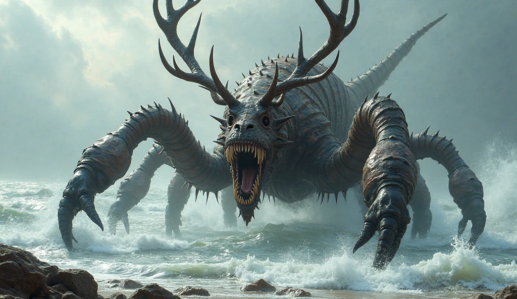 creature with a starfish-shaped head with many, vertically scaly barrel-shaped body, 2 thin tentacular arms that divide into many, 6 tentacle-shaped feet and two large membranous wings, lives in the mountains of the antarctic madness