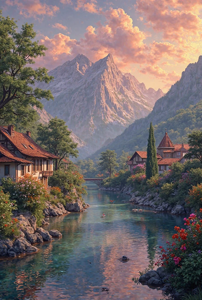 a small village by the river, mountains in the background, floral flowers colorful, detailed landscape, Beautiful natural landscapes, atmospheric lighting, scorching sunset, warm colours, practical, photopractical, Detailed Foliage, complex buildings, cobblestone street, Charming country house, swirly vibrant colors, lush vegetation, Still water reflections, Picturesque, idyllic, work of art, best qualityer, 8k, extremely detaild,anime styling