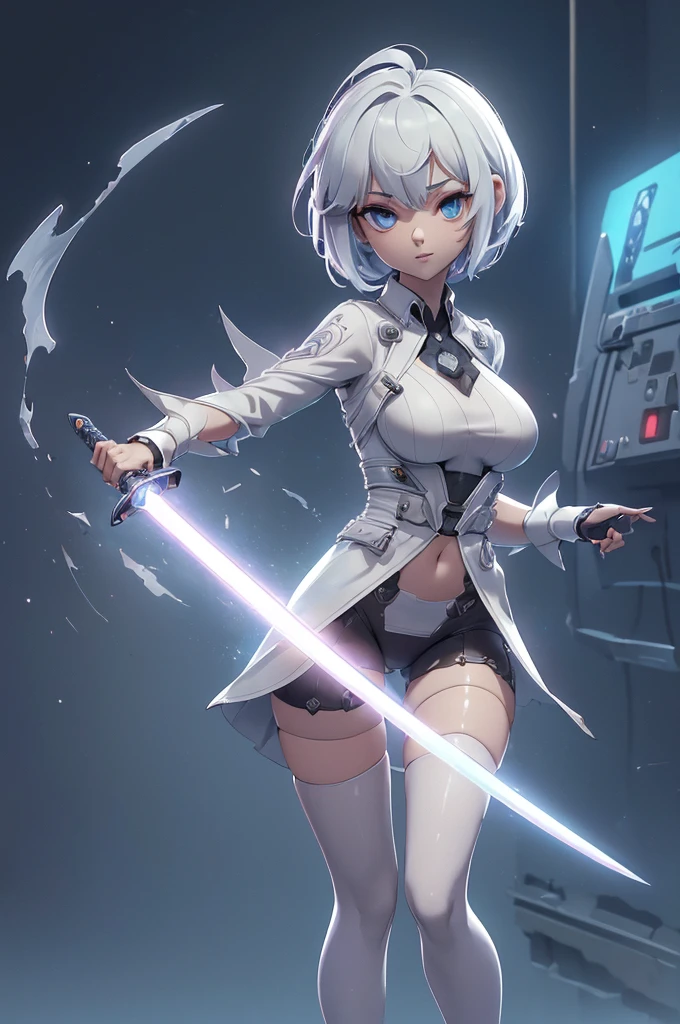 Mini Ghost in the Shell, (Ghost in the Shell), solo, ray tracing, 3D style, 3DMM, ((oses per photo)), ((oses ouch cada foto)), fully body,(Front view),(Costas Issue), (Emist on the left), show flat belly, (((oses per photo))),(very big breastsperfect ass, perfect and symmetrical eyes, (perfect handuturistic sword in hand)), ((short hair)),((Open wizard clothes)),white clothing with textured edges, skin fair, luouchas detalhadas, White thigh-high tights with trim, ouchestido aberto ouch "ouch", Waist slender, big legs, low water, Show legs to the top of the waist, (broken fabric falling over the legs),((open top)),ultra realistic skin, realistic human eyes,ultra realistic skin,((striped shirt)),super sensual suit, colorfully,top with ruffles,(pubis with a lot of volume),(extremely sensual),(very sensual),(((very detailed high level lighting))),(((raytracing))),(((couchstic effect))),(((bodysuit open to the waist)))