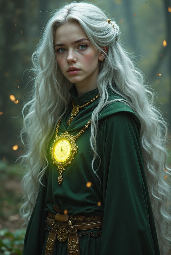 Create a character for a magical school who possesses unique abilities. They should be a master of spells, but with a special talent: the ability to control time. They have long silver hair, green eyes, and a mystical amulet that glows in the dark. This character is the leader of their house and wears clothes decorated with ancient symbols. They are decisive but always find time to study and help their friends. Their backstory hides a secret, and they must learn to control their powers to prevent the destruction of the magical world.