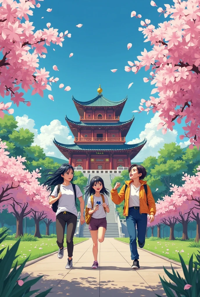 `Cartoon style, Beijing Normal University campus, cherry blossoms, wooden duo tower, cheerful students, sunny day, anime background, vibrant colors, school logo, 2D illustration`