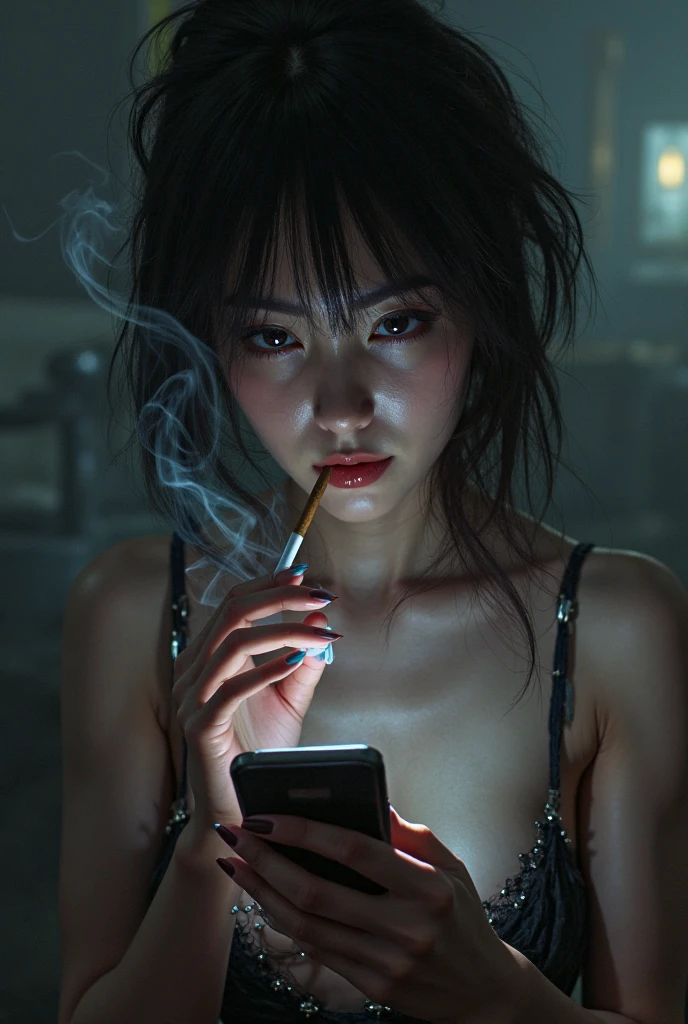 Tekken 8 Reina Mishima smoking while weirdly staring at phone screen